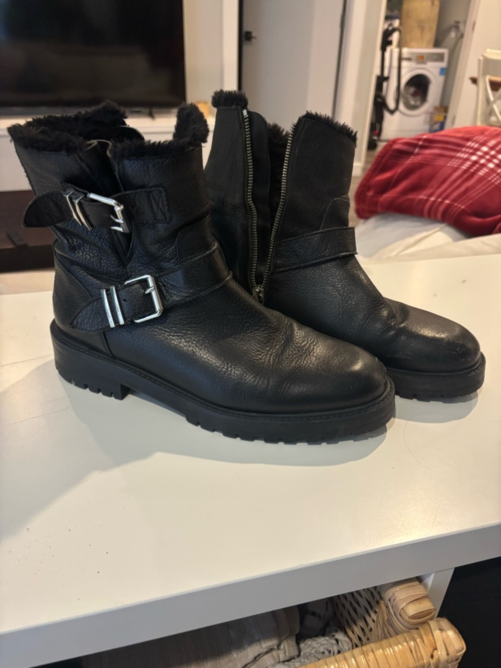 Zara Genuine Leather Black Faux-Fur Lined Buckle Ankle Boots